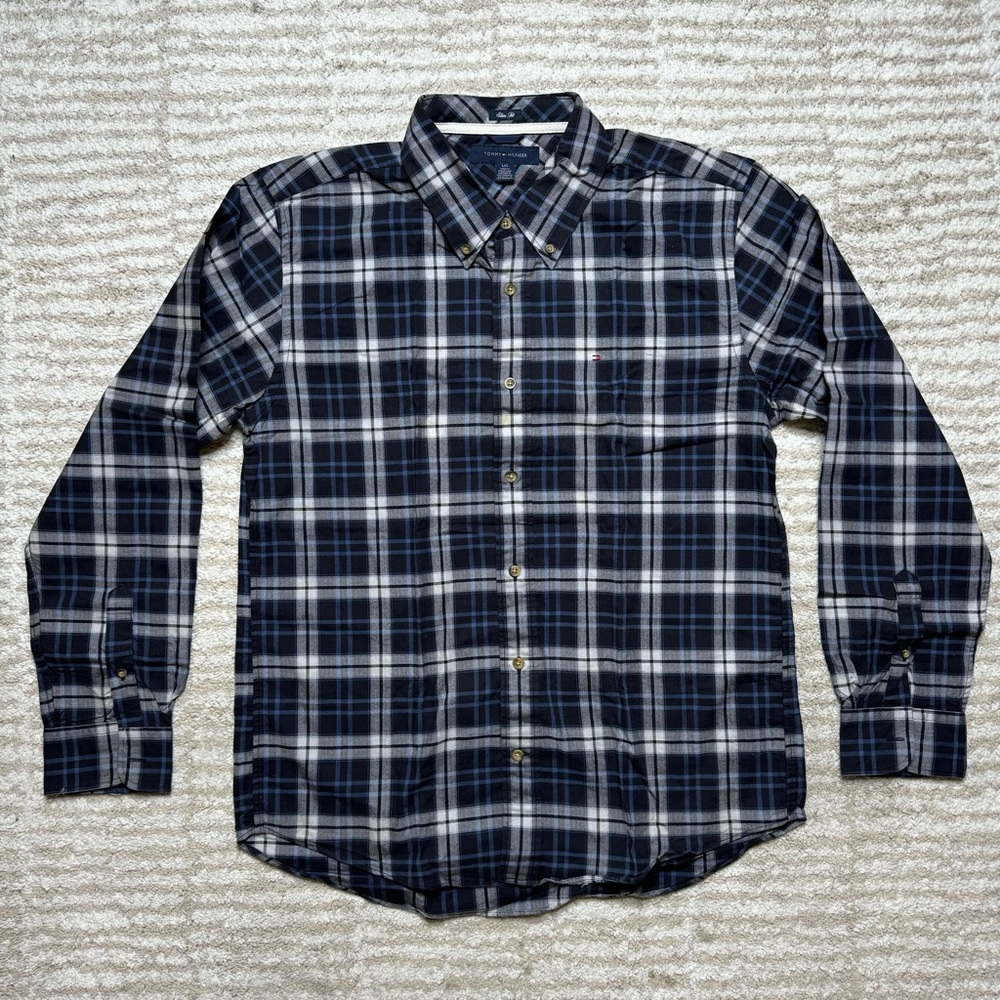 Tommy Hilfiger, Navy Blue Plaid Long Sleeve Button Down, Size L